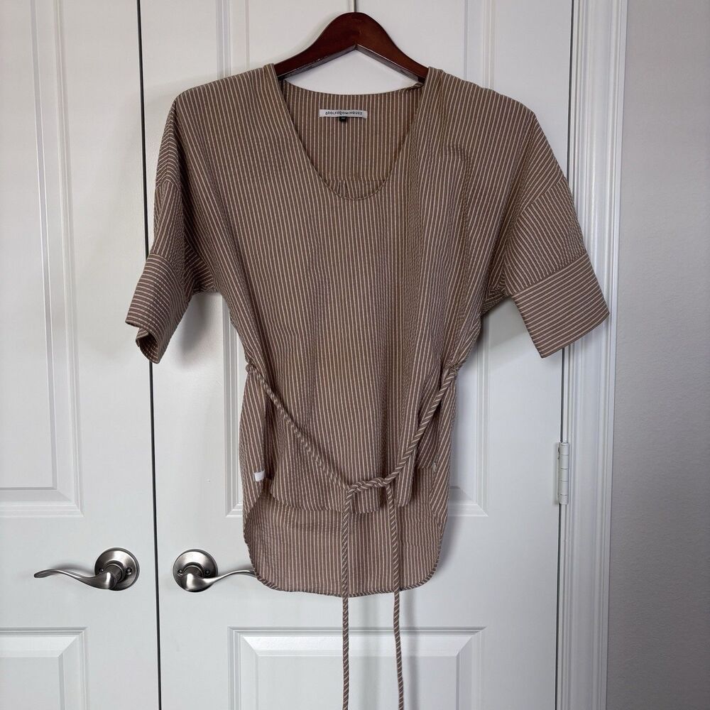 Adolfo Dominguez Neutral Striped Tunic Top | Belted Minimalist Blouse Size 38